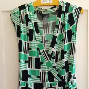 Bisou Bisou Green & Black Geometric Print Cap Sleeve Wrap Dress Size 14